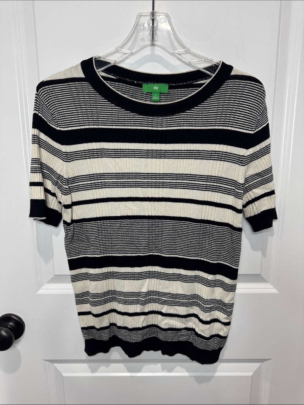 dip Women's Black and Cream Striped Short-Sleeve Crewneck Sweater
